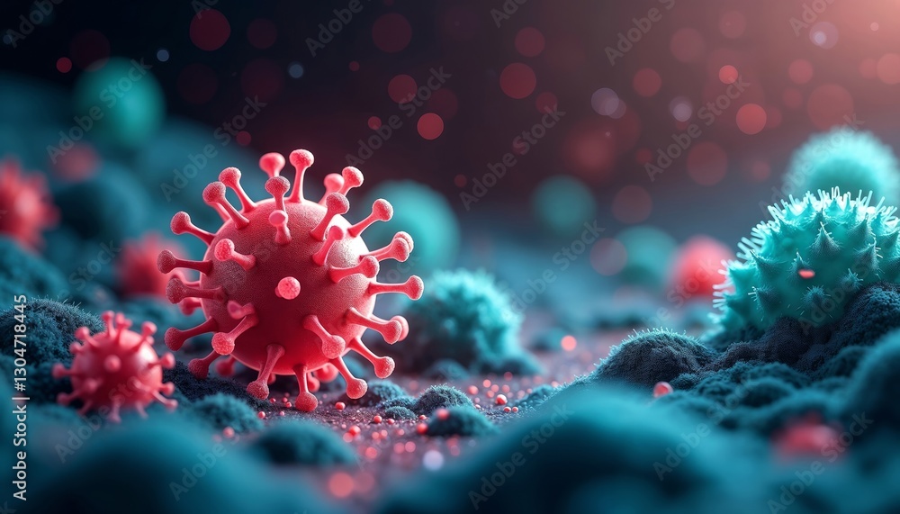 Close-up of a virus cell with protruding spikes against the background of other virus particles floating nearby. Concept of viral disease, coronavirus, pneumonia Close-up of a virus cell with protruding spikes against the background of other virus particles floating nearby. Concept of viral disease, coronavirus, pneumonia