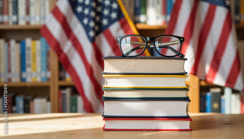 Stack of patriotic books with glasses in library, Independence Day spirit