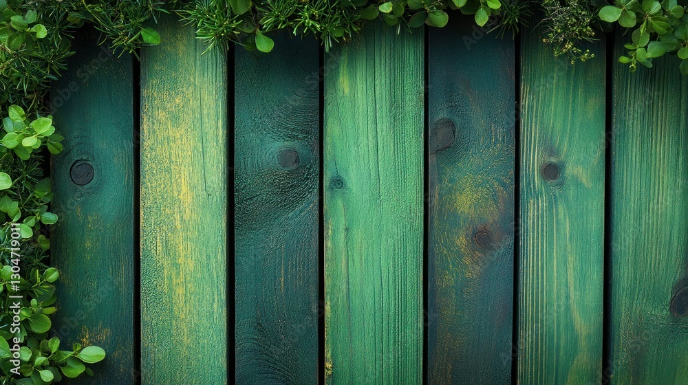 Fototapeta premium Painted wooden planks framed by greenery