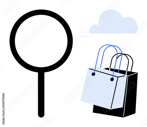 Magnifying glass beside shopping bags under a cloud. Ideal for e-commerce, online shopping, product search, retail analysis, market research, shopping studies, and consumer behavior concepts