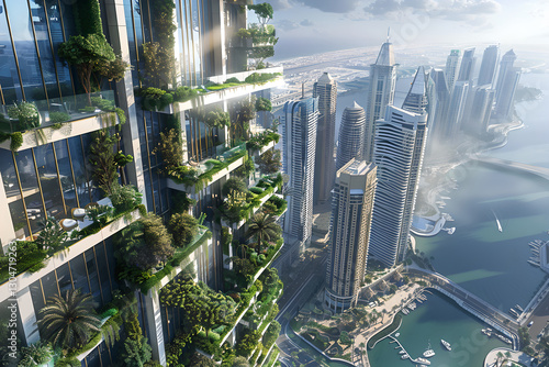 Futuristic city embraces sustainability with rooftop gardens and vertical greenery. This urban landscape merges modern architecture with nature, fostering greener, healthier environment