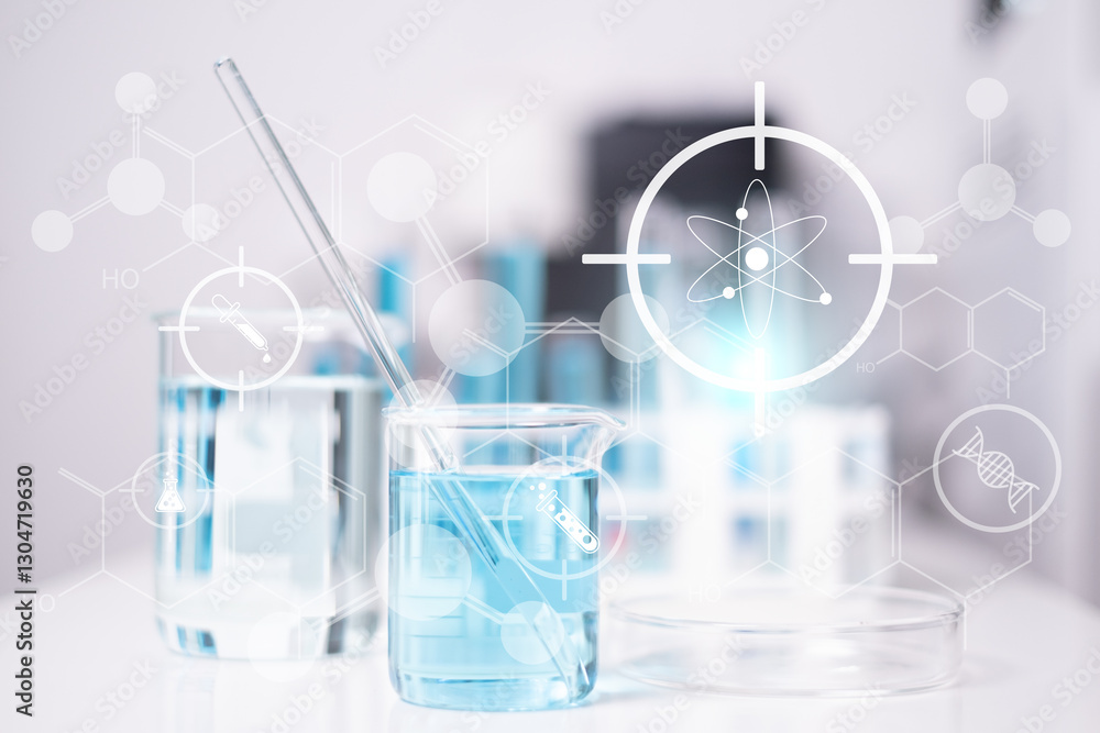 Laboratory test tube beakers with blue liquid science research chemistry chemical flask microscope virus bacteria icon Laboratory test tube beakers with blue liquid science research chemistry chemical flask microscope virus bacteria icon