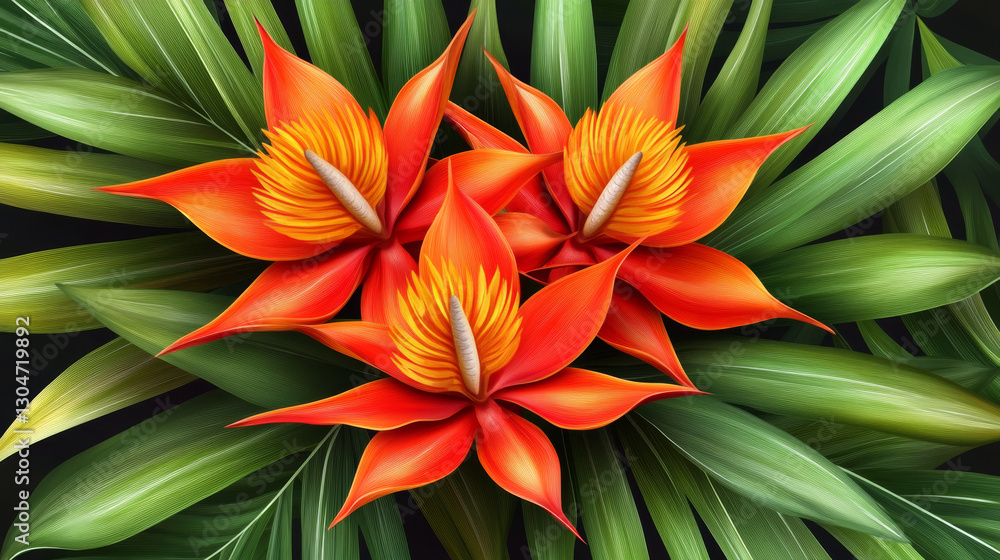 Exotic tropical foliage with bird of paradise flowers, lush green leaves, and elegant botanical pattern in a dark, moody background, perfect for nature-inspired designs, home decor, wallpapers, and fa Exotic tropical foliage with bird of paradise flowers, lush green leaves, and elegant botanical pattern in a dark, moody background, perfect for nature-inspired designs, home decor, wallpapers, and fa