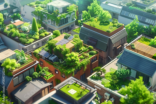 Lush vertical garden transforms an urban rooftop into green oasis. Blend of nature and modern architecture promotes sustainability, creating vibrant eco-friendly cityscape aeral view