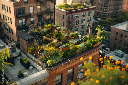 Lush vertical garden transforms an urban rooftop into green oasis. Blend of nature and modern architecture promotes sustainability, creating vibrant eco-friendly cityscape