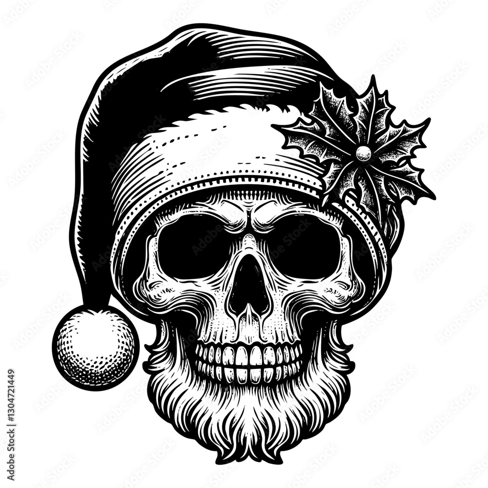 Obraz premium Skull wear Santa hat sketch engraving black and white outline. Scratch board imitation. 