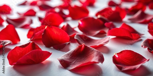 Red Flower Petals Scattered on White Background - Close Up Stock Photo