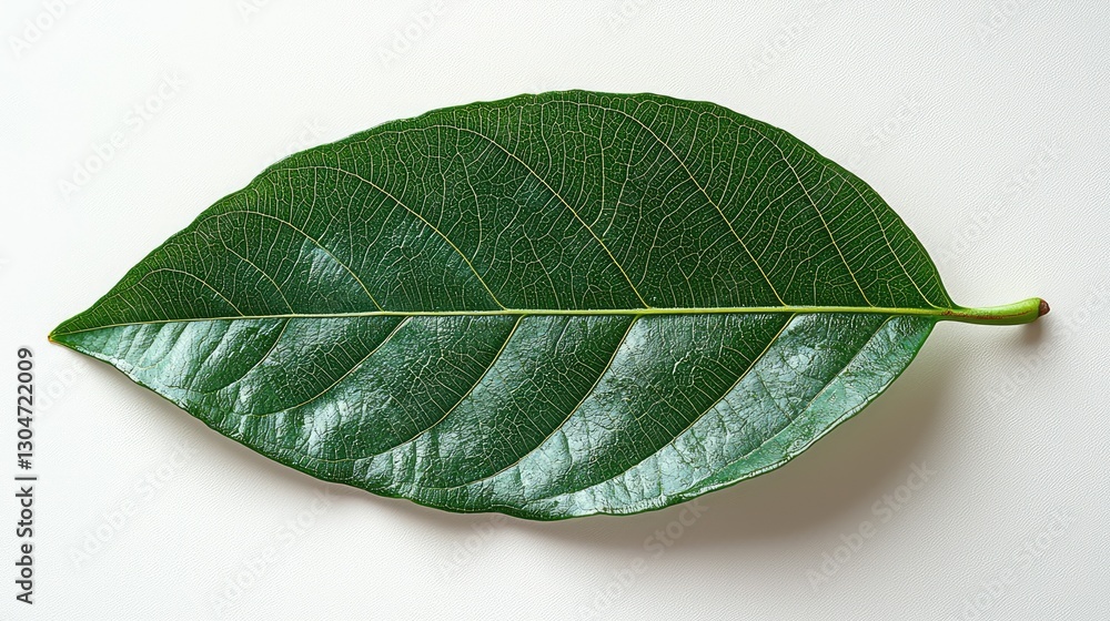Fototapeta premium A single vibrant green leaf with veins is isolated