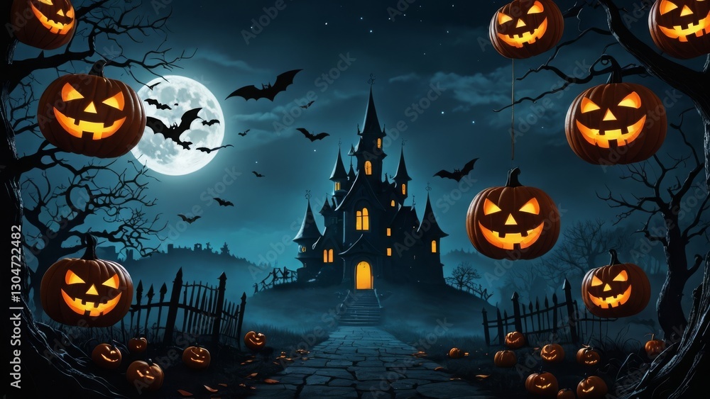 Fototapeta premium Haunted castle with jack-o'-lanterns and bats under a full moon