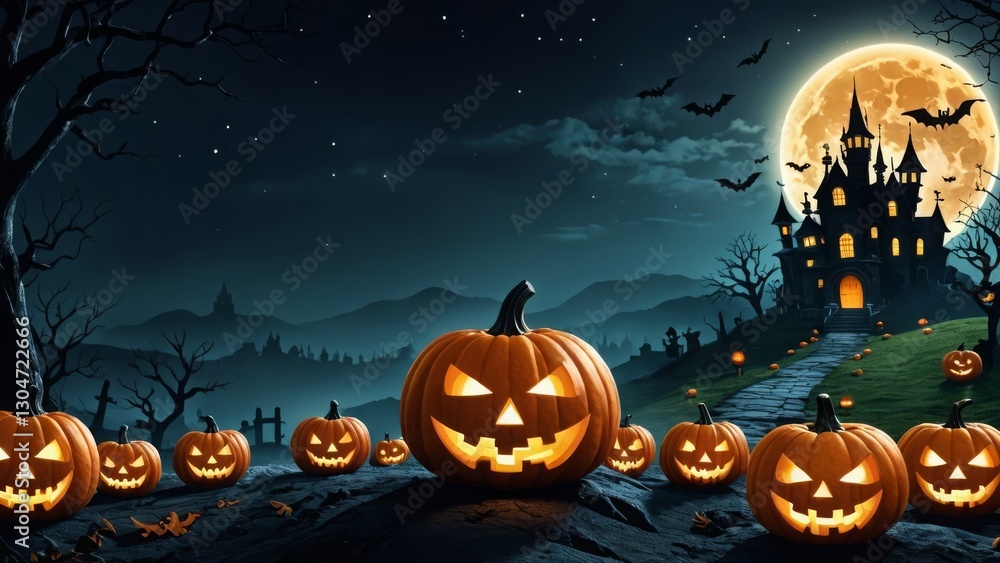 Jack-o'-lanterns and bats leading up to a haunted castle under a bright moon Jack-o'-lanterns and bats leading up to a haunted castle under a bright moon