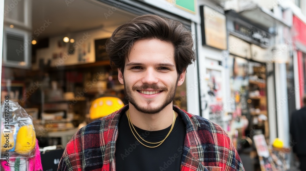Obraz premium A cheerful young man poses with a friendly smile, dressed in a plaid shirt and layered necklaces, in front of a lively shop bustling with people on a bright day