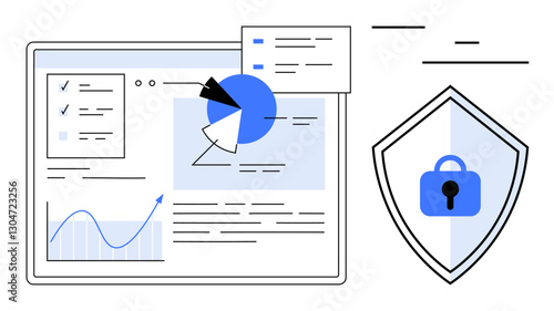 Data analysis dashboard with pie and line charts, report elements. Shield icon with padlock highlights security. Ideal for data protection, cybersecurity, analytics, reports, statistics, technology