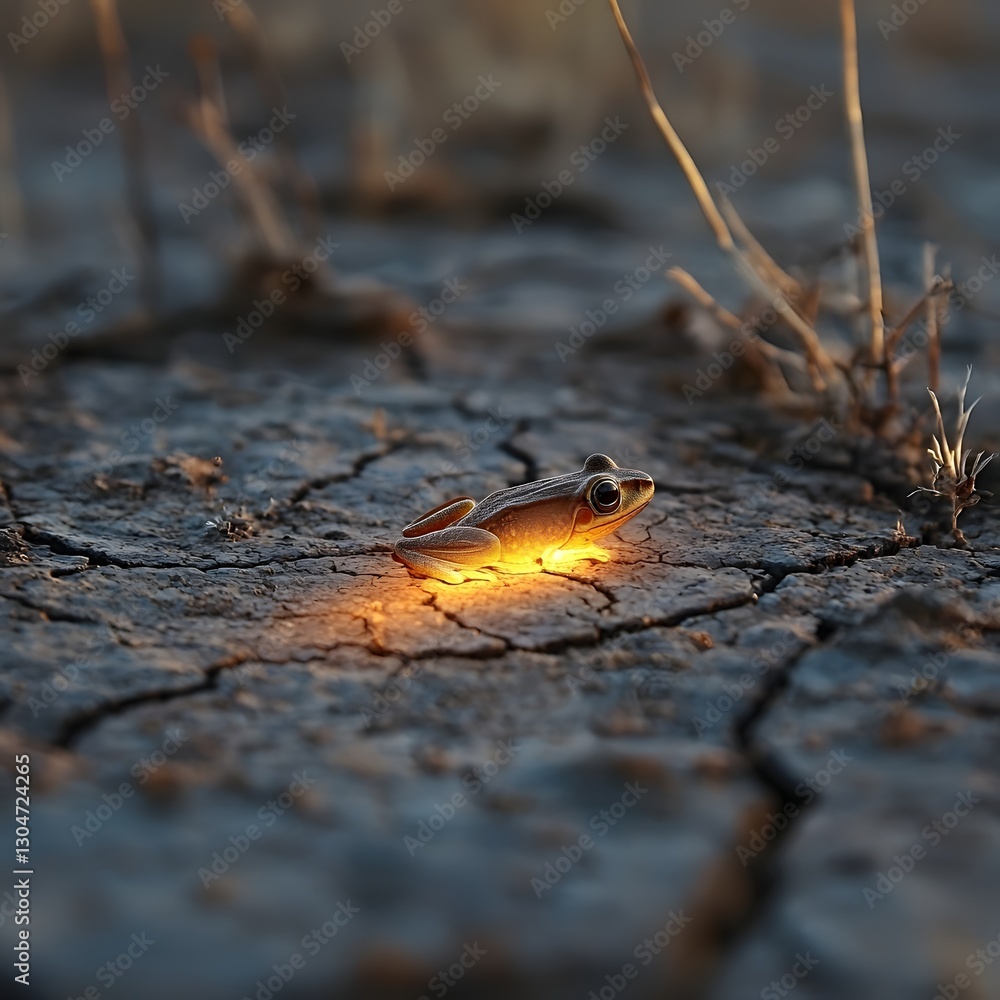 Glowing Frog Outline on Dry Cracked Riverbed Fragility of Life in Arid Environment Glowing Frog Outline on Dry Cracked Riverbed Fragility of Life in Arid Environment