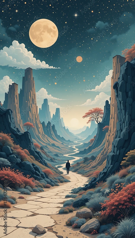 Fototapeta premium A solitary person walks on a path under a starry night sky