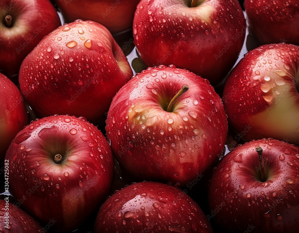 Many ripe juicy red apples covered with water drops as background. Generated image Many ripe juicy red apples covered with water drops as background. Generated image
