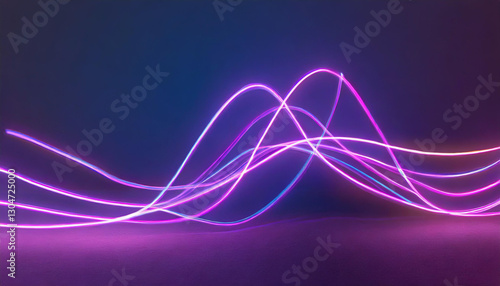 Neon color glowing wave one line in a dark blue purple background, impulse abstract cable lines.