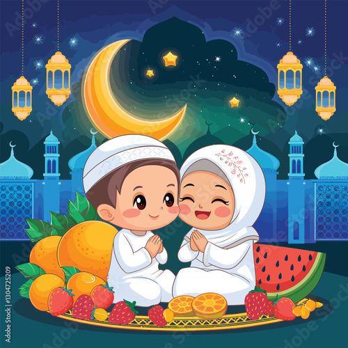  Cute Muslim Kids Praying with Ramadan Lanterns, Crescent Moon, and Fruits – Islamic Festival Vector Illustration
