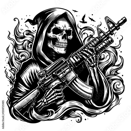 Grim reaper holding gun sketch engraving black and white outline. Scratch board imitation.  illustrated in vintage line art style on a white background.
