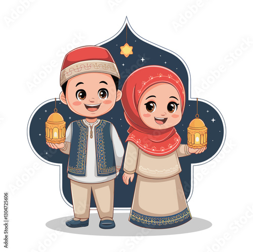 Cute Muslim Boy and Girl Holding Lanterns in Traditional Ottoman Ramadan Clothing – Vector Illustration