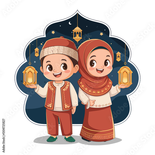 Cute Muslim Boy and Girl Holding Lanterns in Traditional Ottoman Ramadan Clothing – Vector Illustration