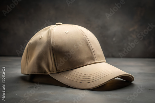 Wallpaper Mural Mockup. Stylish baseball beige cap mockup on dark surface, closeup. Mockup for your design. Torontodigital.ca