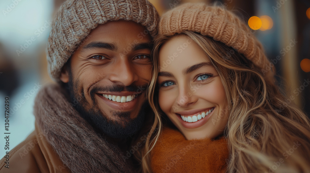 A cheerful couple stands close together, both adorned in knitted hats and scarves, radiating warmth and happiness in a cold winter atmosphere filled with soft lights A cheerful couple stands close together, both adorned in knitted hats and scarves, radiating warmth and happiness in a cold winter atmosphere filled with soft lights