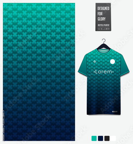 Geometric pattern with gradient background for fabric textile design. Sport shirt mockup template for football, soccer, basketball, cycling, running, rugby, baseball, racing, or sportswear.