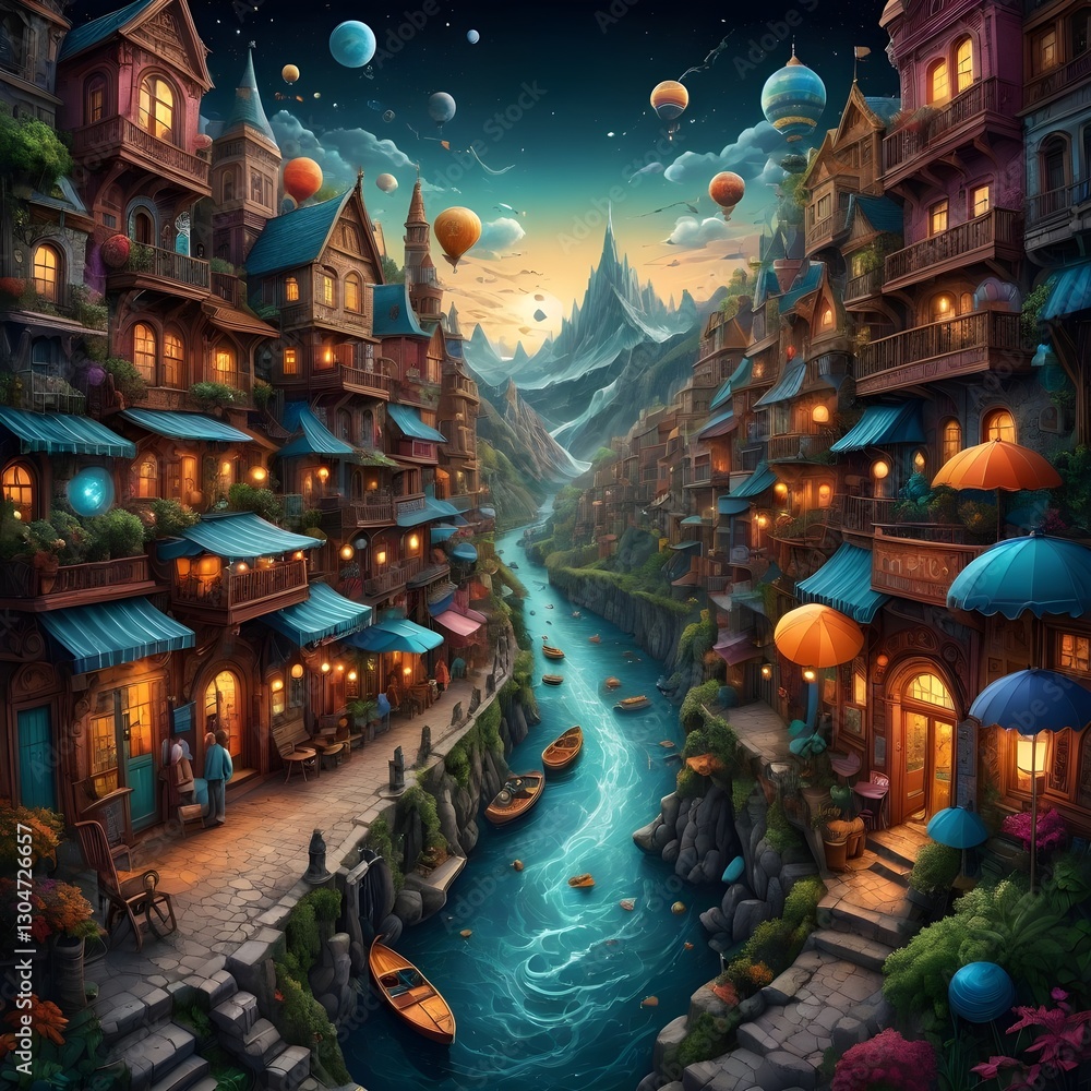 Fototapeta premium Fantasy River City with Floating Lanterns and Hot Air Balloons
