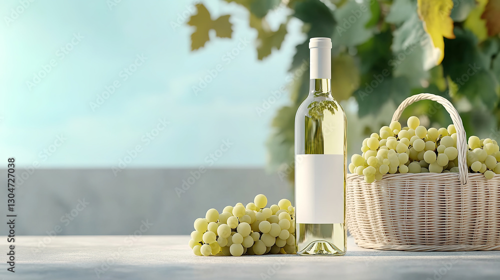 Fototapeta premium Green grapes and white wine on the grass at a picnic outdoors