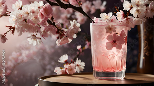 A delicate pink and white layered sakura drink in a tall glass, garnished with cherry blossoms, set against a floral Japanese background with soft lighting.