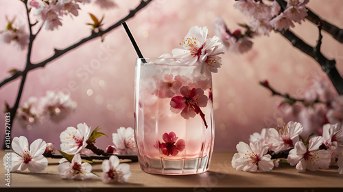 A delicate pink and white layered sakura drink in a tall glass, garnished with cherry blossoms, set against a floral Japanese background with soft lighting.