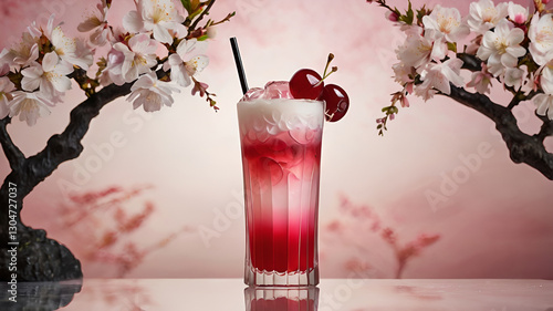 A stunning multi-layered sakura drink with soft pink and white gradients, garnished with cherry blossoms, served in a tall glass with a Japanese-style floral background.