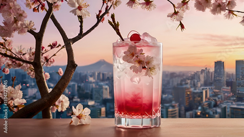 A stunning multi-layered sakura drink with soft pink and white gradients, garnished with cherry blossoms, served in a tall glass with a Japanese-style floral background.