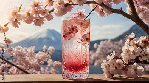 A stunning multi-layered sakura drink with soft pink and white gradients, garnished with cherry blossoms, served in a tall glass with a Japanese-style floral background.