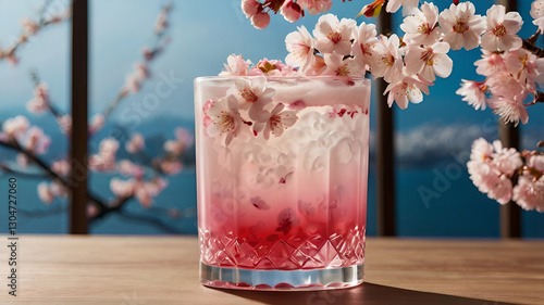 A stunning multi-layered sakura drink with soft pink and white gradients, garnished with cherry blossoms, served in a tall glass with a Japanese-style floral background.