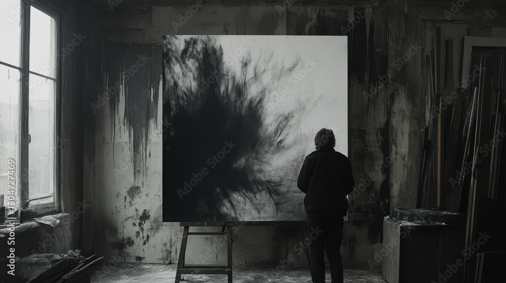 Artist Creating Abstract Black and White Painting in Studio Environment Artist Creating Abstract Black and White Painting in Studio Environment