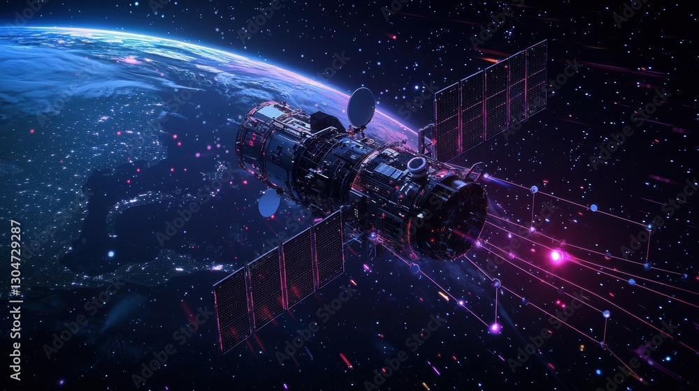Stunning Spacecraft Orbiting Earth in a Starry Cosmic Background Stunning Spacecraft Orbiting Earth in a Starry Cosmic Background