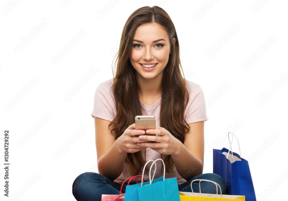 Happy young woman texting on smartphone while shopping at the supermarket isolated on White background Happy young woman texting on smartphone while shopping at the supermarket isolated on White background