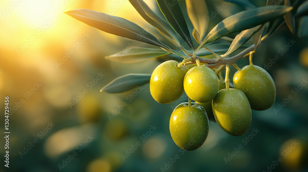 Green olives grow in clusters on branches, basking in warm sunlight during the golden hour. The olive grove provides a peaceful backdrop for this natural setting Green olives grow in clusters on branches, basking in warm sunlight during the golden hour. The olive grove provides a peaceful backdrop for this natural setting