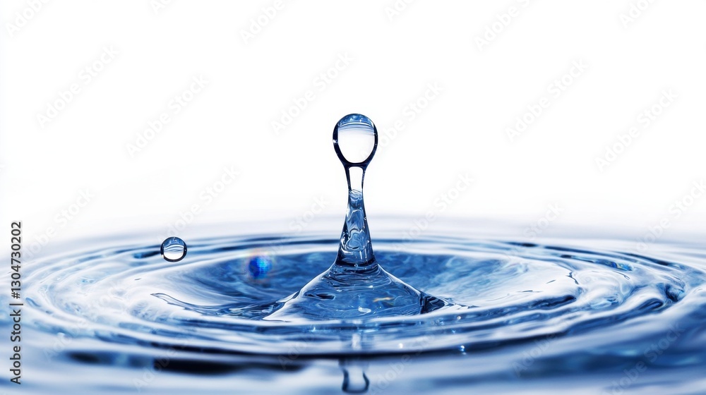 Captivating water drop collision creating ripples on a pristine surface in a macro shot with a clean white background and soft lighting