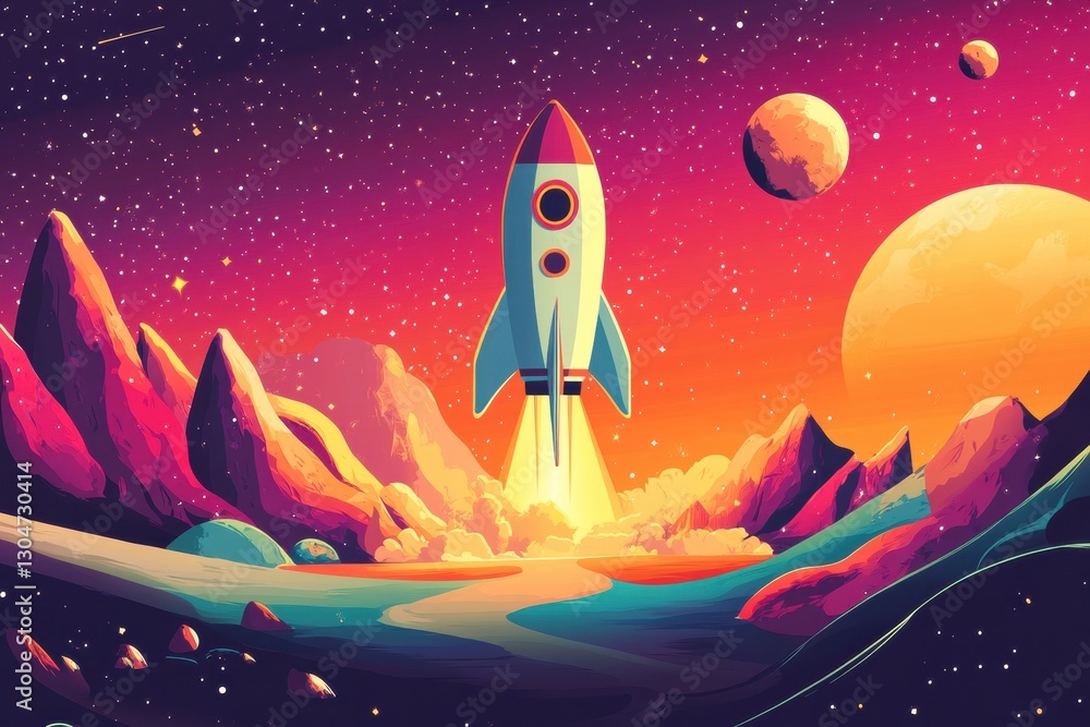Cartoon rocket launching in space with planets and mountains against a vibrant starry sky colorful cosmic adventure