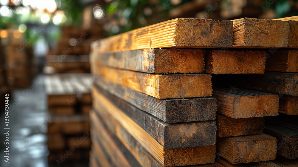 Bundles of wooden planks piled up in a bright workshop, showcasing various shades of brown and grain patterns, emphasizing the material's natural beauty and utility Bundles of wooden planks piled up in a bright workshop, showcasing various shades of brown and grain patterns, emphasizing the material's natural beauty and utility