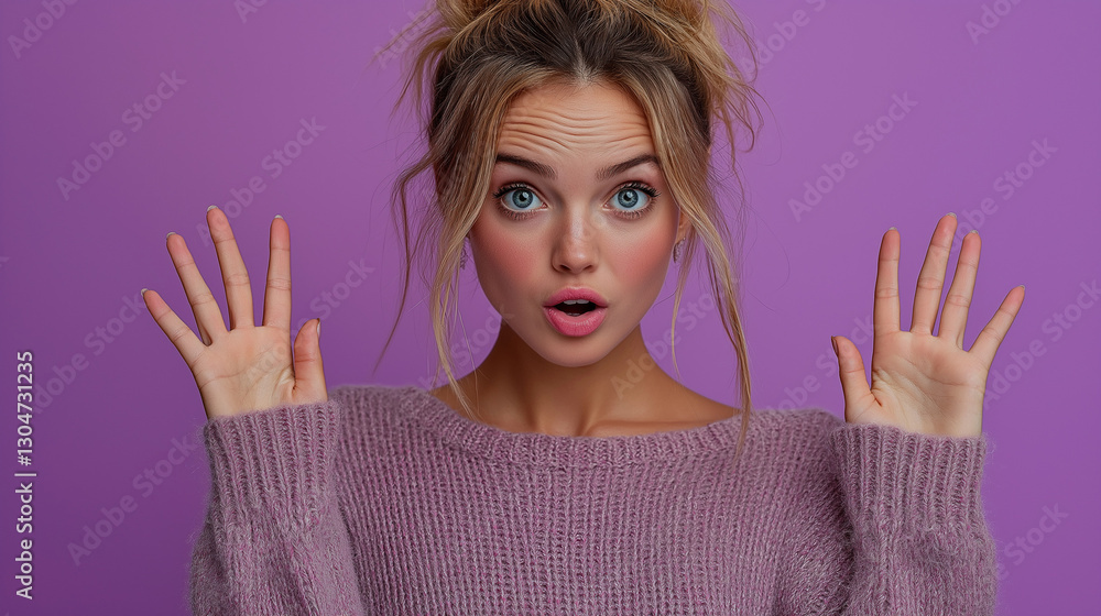 A young woman showcases an enthusiastic expression with wide eyes and raised hands against a vibrant purple background. Her casual sweater adds to the playful tone of the moment A young woman showcases an enthusiastic expression with wide eyes and raised hands against a vibrant purple background. Her casual sweater adds to the playful tone of the moment