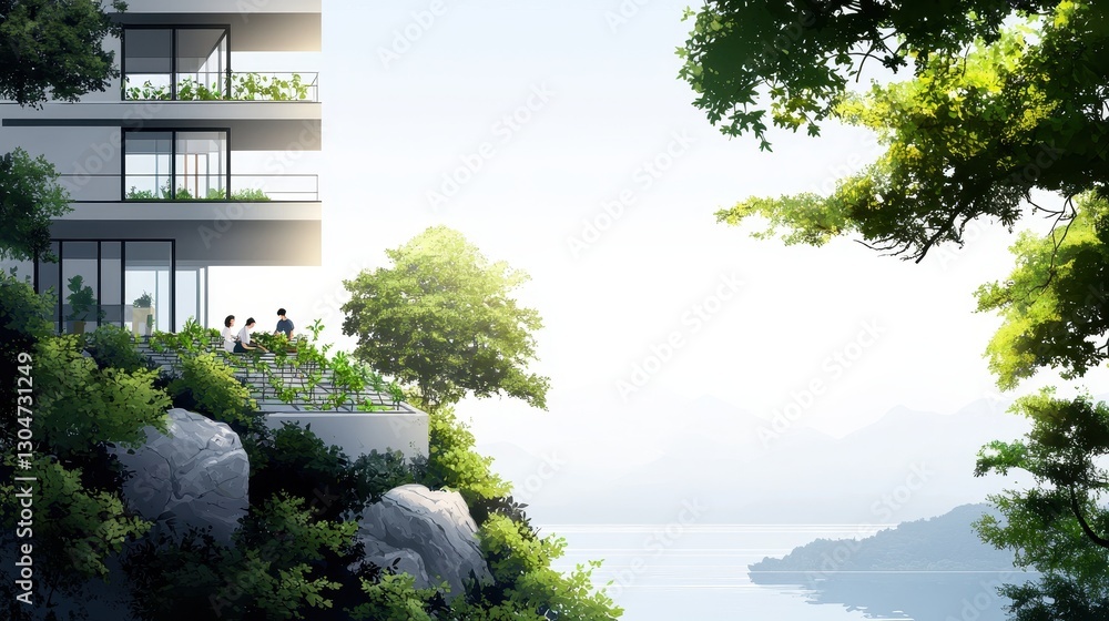 Naklejka premium Artistic Digital Illustration of Urban Rooftops with Scenic View and Lush Greenery in a Tranquil Setting