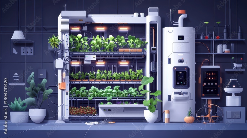 Obraz premium Creative High-Tech Vertical Farm Illustration with Advanced Hydroponic System and Modern Design Elements