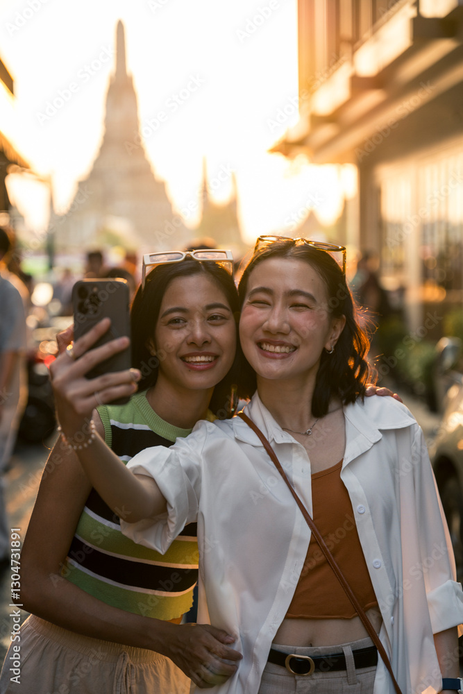 Fototapeta premium Two happy tourists taking selfie in bangkok with wat arun in background
