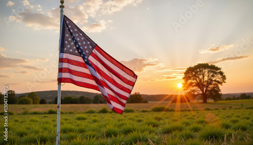 Crisp American flag waving in sunset-lit field, patriotism and unity