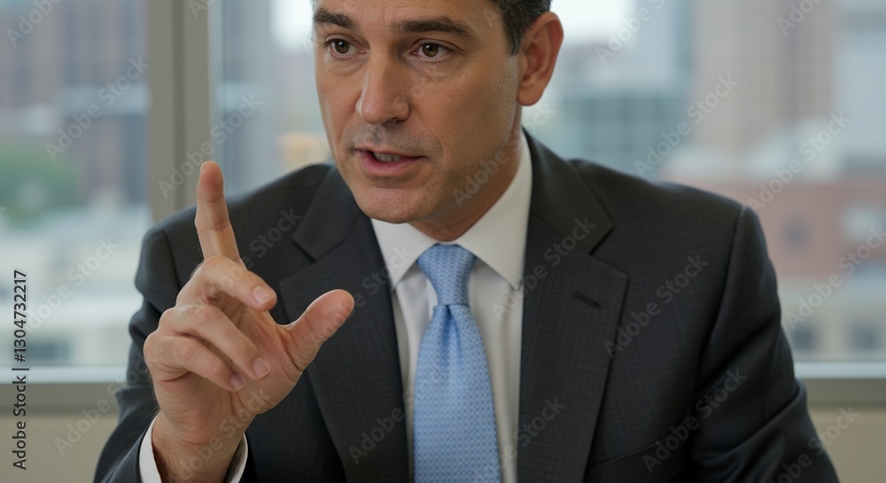 Confident executive gesturing during a spirited business discussion indoors Confident executive gesturing during a spirited business discussion indoors