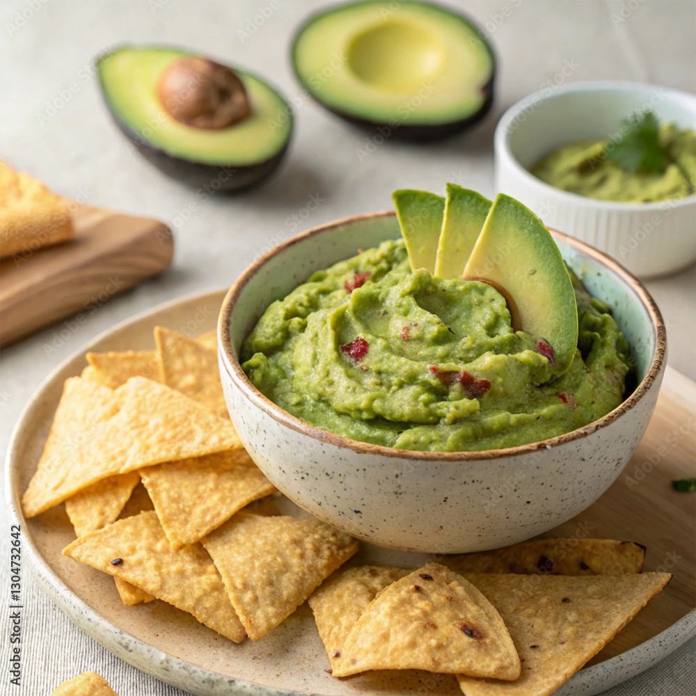 Classic Guacamole with Sliced Avocado and Tortilla Chips on a Wooden Board – A creamy guacamole dish garnished with avocado slices. Background: warm wood, adding a rustic feel.
Classic Guacamole with Sliced Avocado and Tortilla Chips on a Wooden Board – A creamy guacamole dish garnished with avocado slices. Background: warm wood, adding a rustic feel.