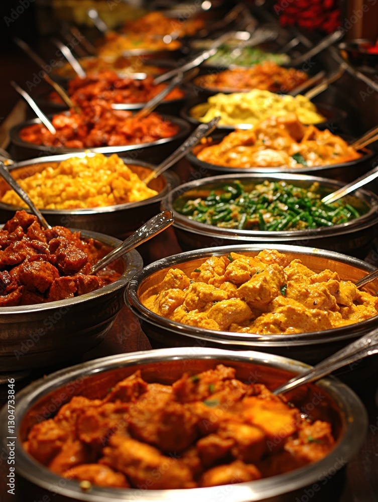 Diverse array of flavorful indian curries in stainless steel bowls with spoons on a buffet table warm inviting light Diverse array of flavorful indian curries in stainless steel bowls with spoons on a buffet table warm inviting light